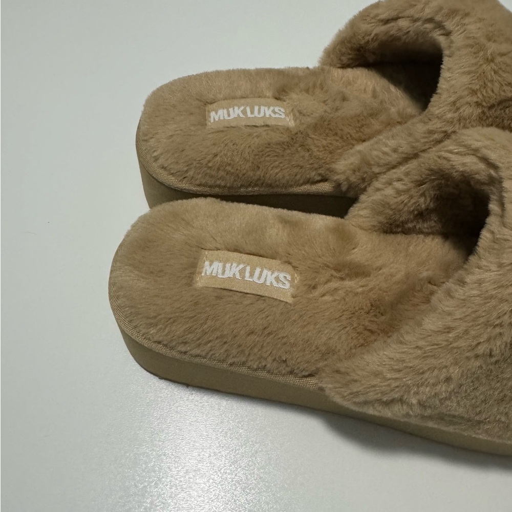 Muk Luks Tan Furry Slippers - Picture 2 of 8